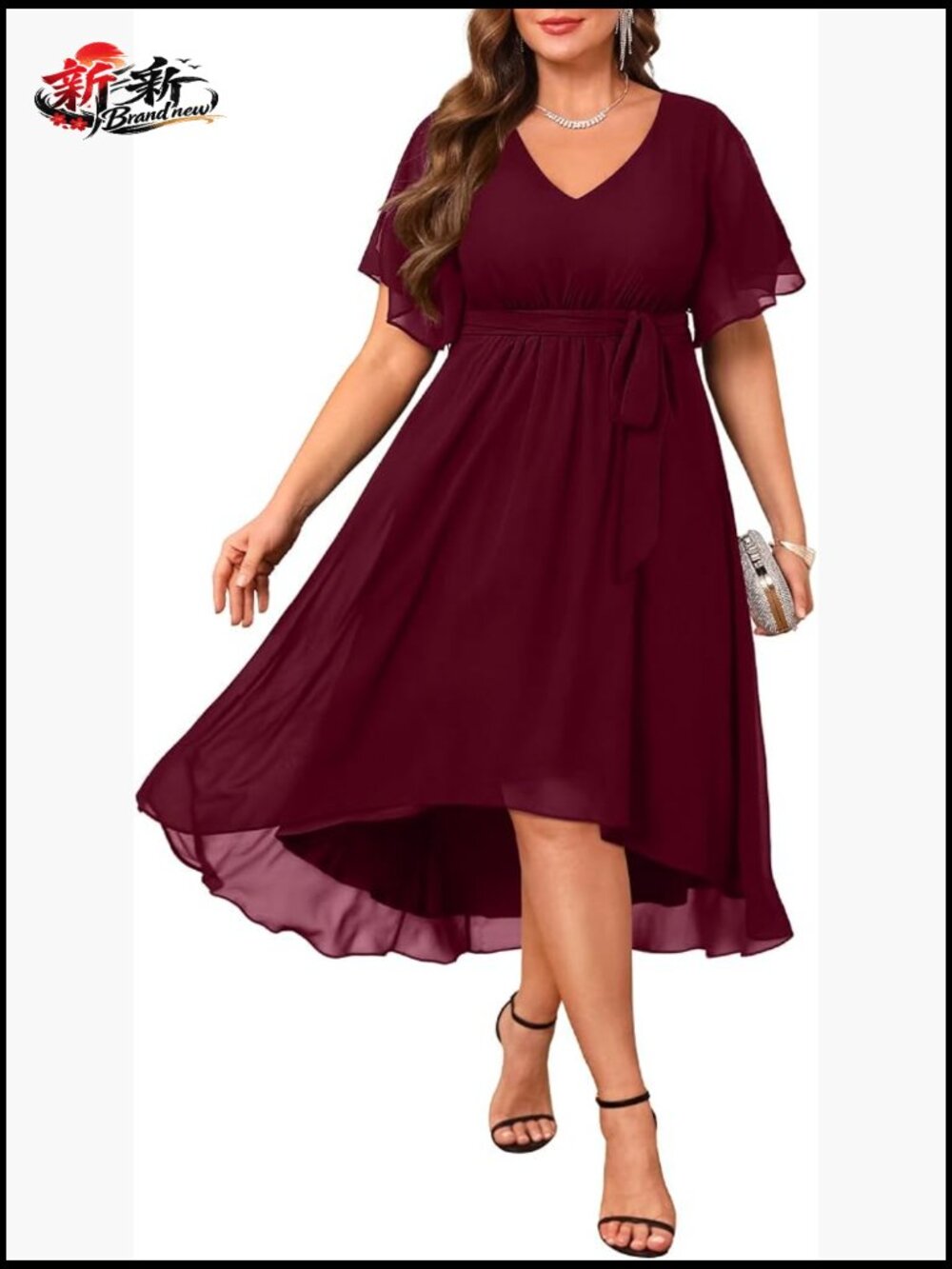 Plus Size Chiffon High Low Dress Wedding Guest Flutter Sleeve